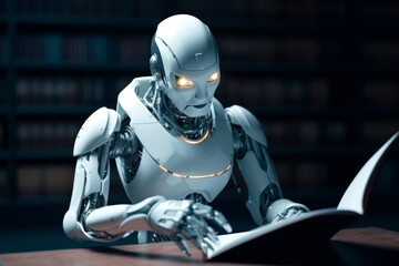 White cyborg robot is reading and learning from a book. Concept of artificial intelligence and deep learning technology, chat bot, AI language, AGI.