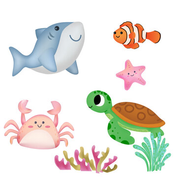 set cute aqua. cute shark, fish, turtle, crab, clown fish