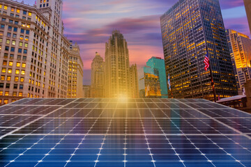 Solar panel over cityscapes, solar power green energy for life concept,