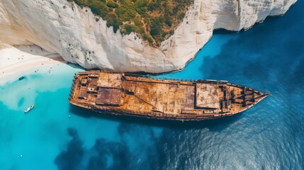 Boat on the water - Aerial view of the Navagio beach with the famous wrecked ship in Zante, Greece, Generative AI