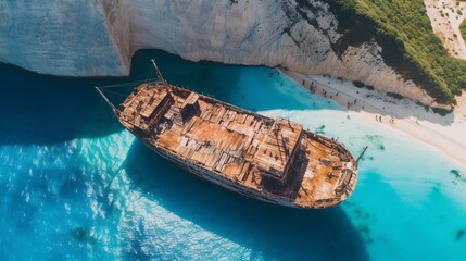 Aerial view of the Navagio beach with the famous wrecked ship in Zante, Greece, boat in the water, Generative AI
