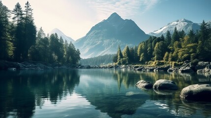 body of water, calm body of water surrounded with trees and mountains, lake in the mountains, HD wallpaper, Generative AI