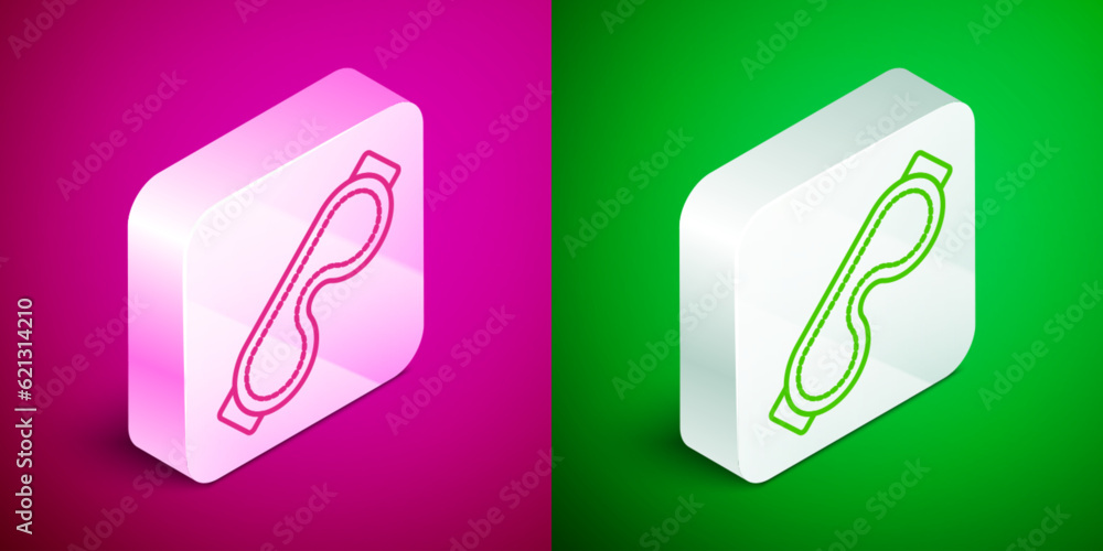 Wall mural Isometric line Eye sleep mask icon isolated on pink and green background. Sleeping mask. Silver square button. Vector