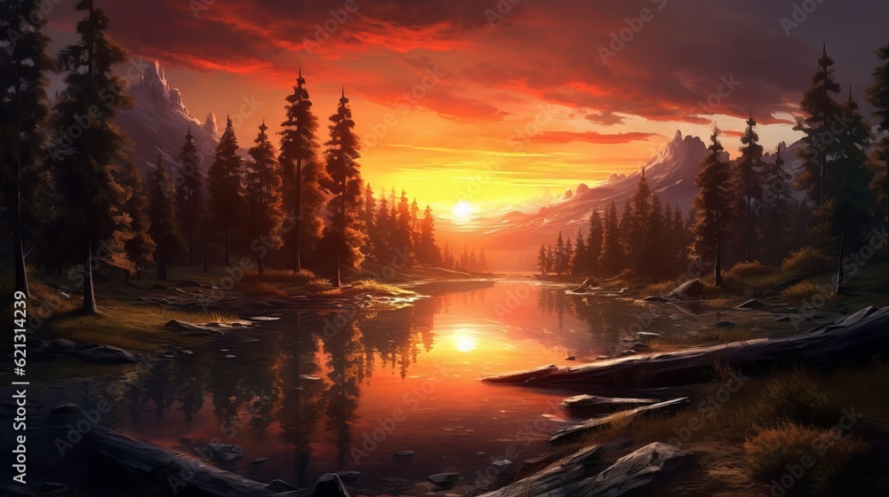 Wall mural capture the magic of nature: a perfect sunset landscape wallpaper, sunset over the river, generative