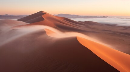 Drone shot of sand dunes covered in thick fog, sunrise at the Namib desert, in Namibia, Generative AI