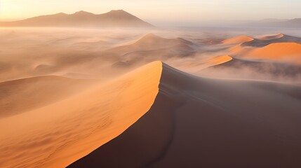 Drone shot of sand dunes covered in thick fog, sunrise at the Namib desert, in Namibia - sand dunes in the desert, Generative AI - obrazy, fototapety, plakaty