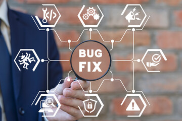 Man using magifier and virtual screen sees inscription: BUG FIX. Fix computer, deleting malware,...