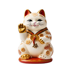 A lucky cat figurine with a raised paw, isolated on a white background.