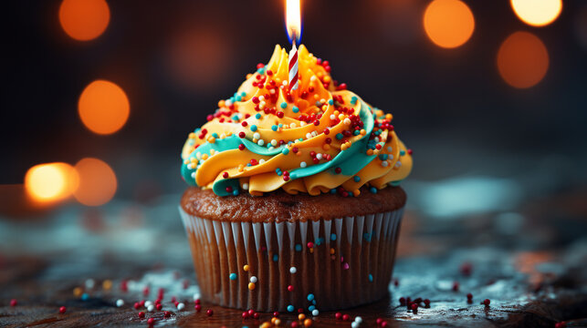 cupcake with candle HD 8K wallpaper Stock Photographic Image
