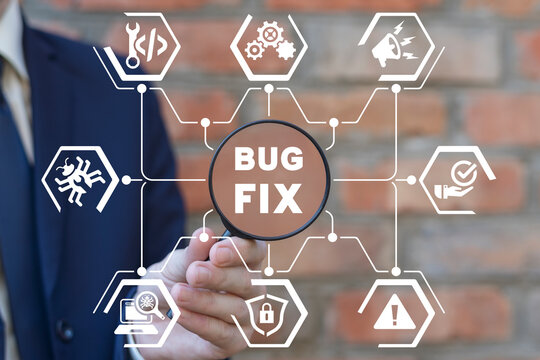 Man using magifier and virtual screen sees inscription: BUG FIX. Fix computer, deleting malware, virus, bug or system error. System administrator fixing program code. Antivirus or spam protection.