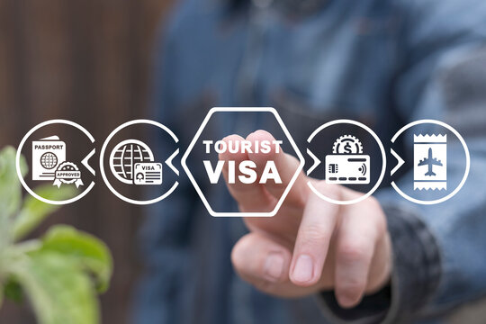 Man using virtual touch screen presses inscription: TOURIST VISA. Traveling abroad and tourist visa concept. Visa application approving and insurance certificate processing.