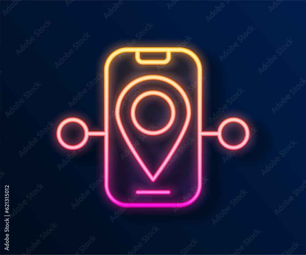 Poster glowing neon line route location icon isolated on black background. train line path of train road ro