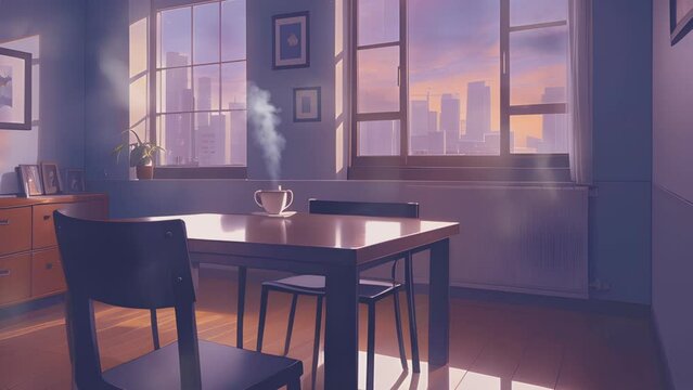 dining room  with a window and a cup of coffee on the table. Cartoon or anime watercolor painting illustration style. seamless looping virtual video animation background.