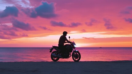 Obraz na płótnie Canvas Silhouette of a person riding a bike - Happy motorcyclist riding into the epic pink sunset: beach moto trip in slow motion, Generative AI