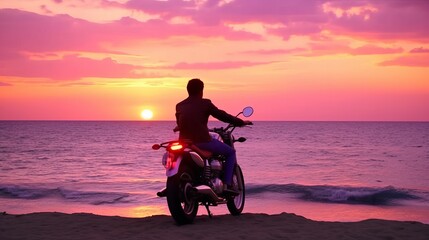 Happy motorcyclist riding into the epic pink sunset: beach moto trip in slow motion, Generative AI