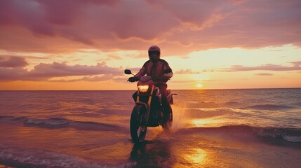 Fototapeta na wymiar Happy motorcyclist riding into the epic pink sunset: stunning beach moto trip in slow motion - silhouette of a person on the beach, Generative AI
