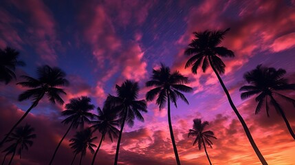 Fototapeta na wymiar Twilight tranquility: captivating coconut palm trees silhouetted against a spectacular sky, trees at sunset, Generative AI