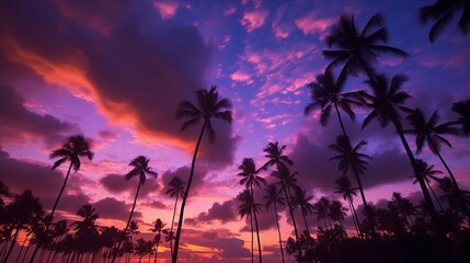 Fototapeta premium Sunset in the palm - Twilight serenity: stunning silhouette of coconut palm trees in captivating timelapse sky, Generative AI