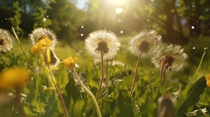 Field of dandelions - Macro Shot of Dandelions being blown in super slow motion. Outdoor scene with sun rays, Generative AI