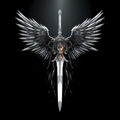 Sword with wings tattoo design dark art illustration isolated on black - obrazy, fototapety, plakaty