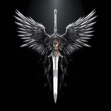 Sword with wings tattoo design dark art illustration isolated on black