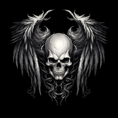 skull with wings black and white illustration