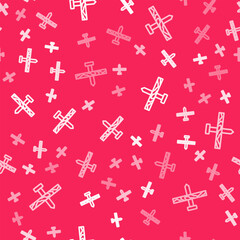 Fototapeta premium White line Metallic nail and wood plank icon isolated seamless pattern on red background. Vector
