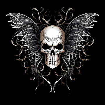 skull with butterfly wings black and white illustration