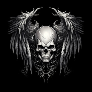 skull with wings black and white illustration