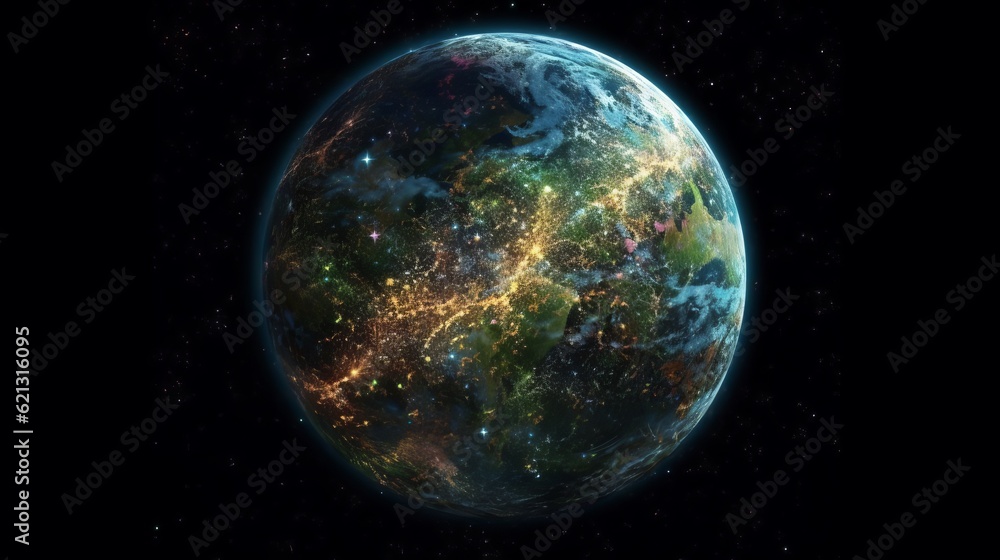 Poster earth in space - sphere of nightly earth planet in outer space, generative ai