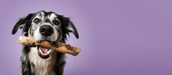 Satisfied dog holds a natural bone in his mouth on a purple background.