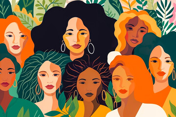 Empowering illustration of diverse and multi-cultural women globally, ideal for International Women's Day. Emotionally compelling, promotes unity and inclusivity. Generative AI - obrazy, fototapety, plakaty