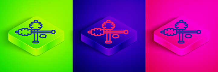 Isometric line Honey dipper stick icon isolated on green, blue and pink background. Honey ladle. Square button. Vector