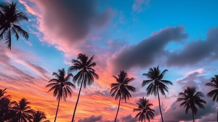 Fototapeta na wymiar Palm trees at sunset - Silhouette of coconut palm trees in a stunning sunset: A breathtaking nature landscape with vibrant colors and mesmerizing clouds, Generative AI