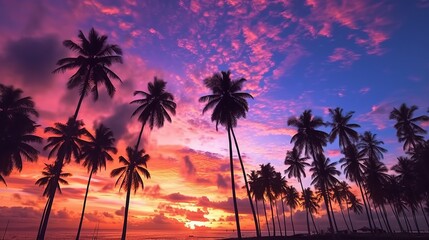 Fototapeta na wymiar Sunset over the sea - Silhouette of coconut palm trees in a stunning sunset: A breathtaking nature landscape with vibrant colors and mesmerizing clouds, Generative AI