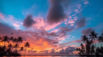 Fototapeta na wymiar Timelapse Silhouette coconut palm trees in beautiful sunset, Amazing light nature colorful clouds landscape, Beautiful light nature sky and clouds seascape, Sky clouds background, Generative AI