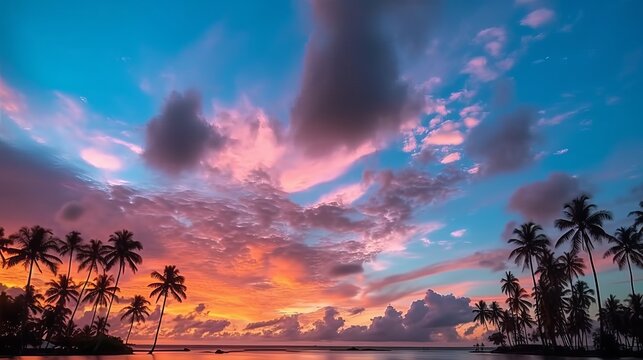 Timelapse Silhouette coconut palm trees in beautiful sunset, Amazing light nature colorful clouds landscape, Beautiful light nature sky and clouds seascape, Sky clouds background, Generative AI