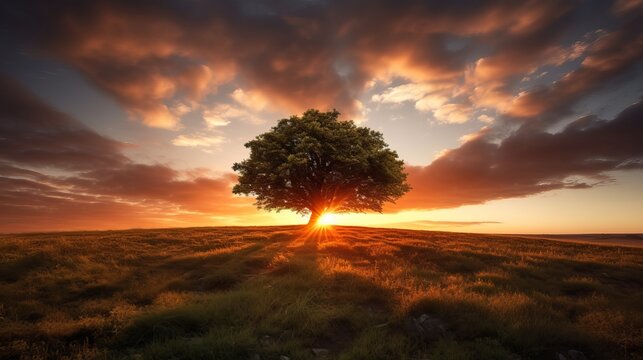 Tree in the sunset - wide angle shot of a single tree growing under a clouded sky during a sunset surrounded by grass, Generative AI