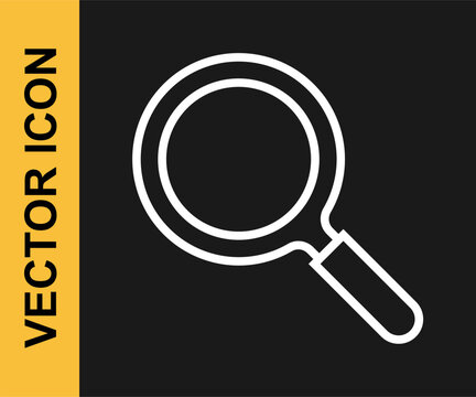 White Line Magnifying Glass Icon Isolated On Black Background. Search, Focus, Zoom, Business Symbol. Vector