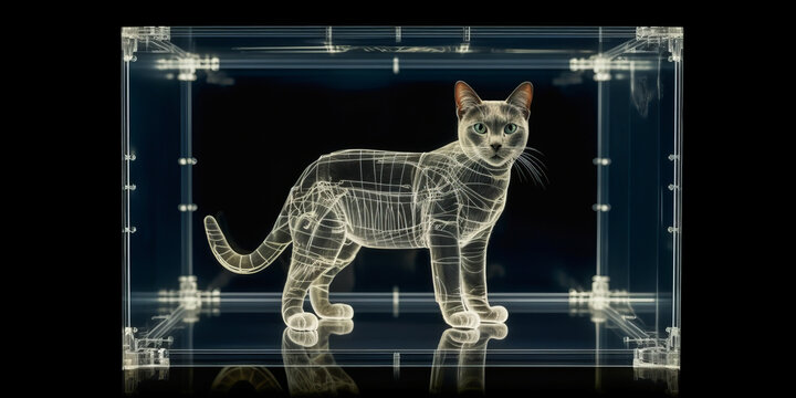 Captivating Schr&ouml;dinger's cat, half-skeleton, enclosed in transparent box against a quantum science backdrop. Overlaps of matter states invest magic to the scene. Generative AI