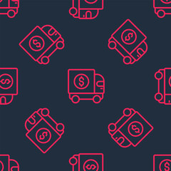 Red line Armored truck icon isolated seamless pattern on black background. Vector