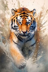Fototapeta na wymiar fluidity and unpredictability of watercolors by creating a dynamic and energetic tiger print. bold brushstrokes and splashes of color to depict the tiger movement and power