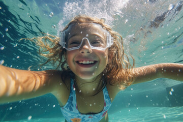 a lauging girl underwater, wearing diving goggles, bubbly blue water,ai generater.