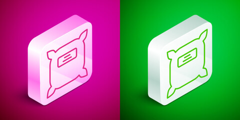 Isometric line Pack full of seeds of a specific plant icon isolated on pink and green background. Silver square button. Vector