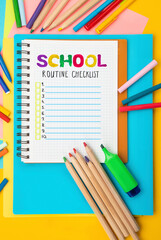 School Routine Checklist, Tips to prepare for School. Top view flat lay concept. Lettering, colored paper, multi-coloured letters, supplies for school.