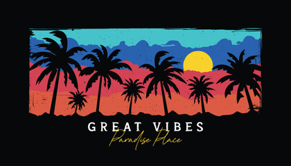 Obraz premium Illustration of sunset, sunrise tropical island good vibes palm tree silhouette vector design for t-shirt, sticker and more