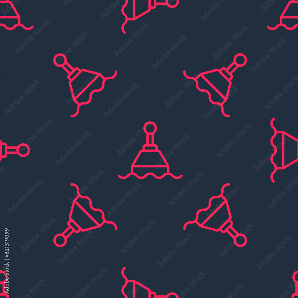 Poster red line floating buoy on the sea icon isolated seamless pattern on black background. vector