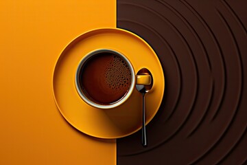 Minimalist top view at a coffee cup and small spoon arranged over yellow and brown abstract background