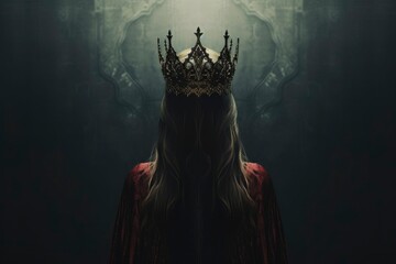 Beautiful queen in gothic style. Beautiful young woman in metal crown and black cloak. Photo from back without face