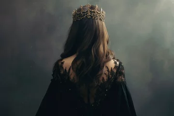 Fotobehang Beautiful queen in gothic style. Beautiful young woman in metal crown and black cloak. Photo from back without face © Neda Asyasi